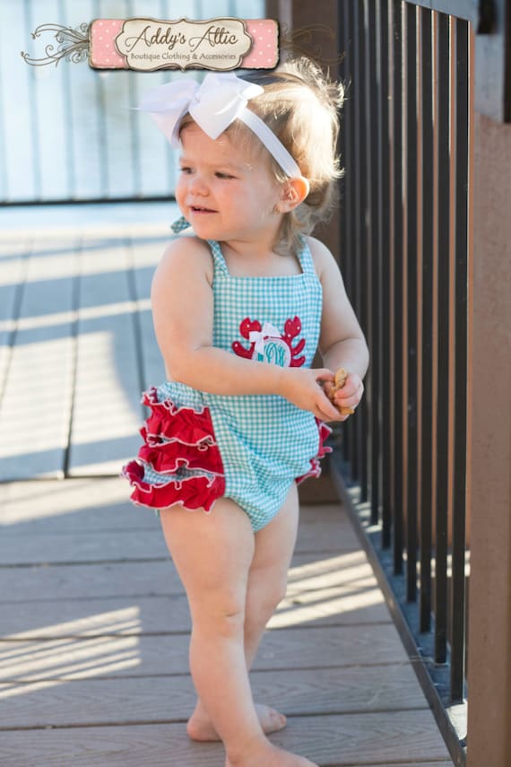 Crab Sunsuit Baby Girl Sunsuit Romper Monogrammed Crab