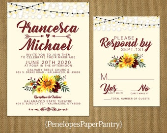 Rustic Ivory Sunflower Wedding Invitation,Sunflowers,Wildflowers,Greenery,Burgundy,Fairy Lights,Printed Invitation,Wedding Set,Envelopes