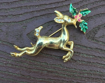 Vintage Jewelry Signed Avon Christmas Leaping Reindeer Pin Brooch