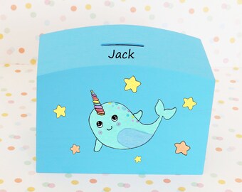 Personalised Money box / wood money box / kids money box / narwhal money box / narwhal wooden box