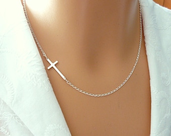 Sterling Silver Sideways Cross Necklace, Faith Cross Necklace, Cross Necklace, Religious Necklace / Cross, Xmas gift