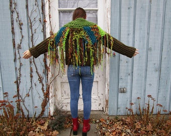 Organic Woodland Wearable Fiber Art Cardigan Sweater// Large XL// Tattered Eden