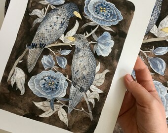 Nightfall Print, bird art, doves illustration, giclee art print, watercolor print, moonlight rose garden art