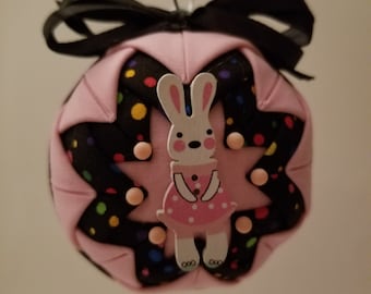 Pink and Black folded fabric handmade ornament with bunny decoration