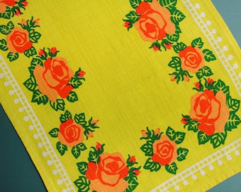 Swedish retro vintage 1950s printed cotton design tabelcloth runner with orange/ green rose flower motive on strong yellow bottomcolor