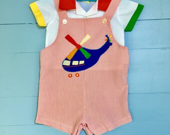Vintage 1980s Baby Boy Summer Outfit, Size 3 to 6 months, Baby Boy Airplane outfit, Primary Colored Overalls