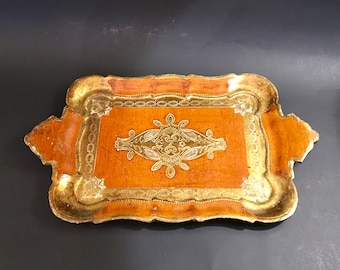 Vintage Wooden Florentine Orange and Gilt Tray with Handles, made in Italy