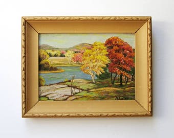 Vintage Oil Painting - Country Landscape Painting with Fall Colors - M Farley Signed Original Art - Vintage Framed Art - Rustic Home Decor
