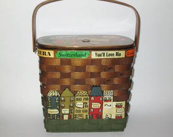 Vintage 1960s Purse / 60s Basket Purse Handbag By Caro Nan / 60s Novelty Purse Handbag Hand Painted