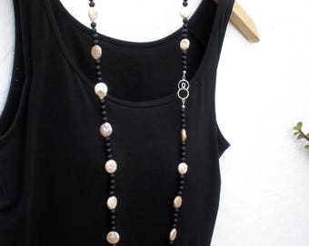 Keshi Pearl and Volcanic Black Stone Long Necklace 925 Sterling Silver, Keshi Pearl Coin Shape Necklace, Keishi Pearl, June Birthstone