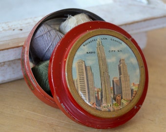Vintage NYC Rockefeller Center Souvenir Red Tin Sewing Box