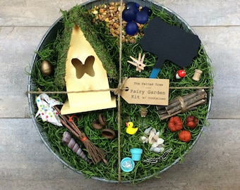 Fairy garden kit with container, DIY, Yellow, Turquoise, Pink or Purple Butterfly fairy house, weathered galvanized washtub