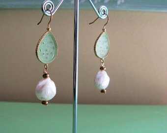Carved Jade Earrings, Light Green Jade Earrings, Jade & Pearl Earrings, Asian Style Earrings, Asian Inspired Earrings, Pearl Earrings
