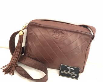 CHANEL Fringe Quilted CC Shoulder Bag Leather brown Vintage