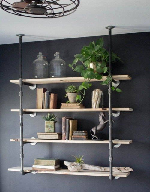 Black Pipe Bookshelf, Wall Mounted Bookshelf, Parts Kit DIY Project, 1