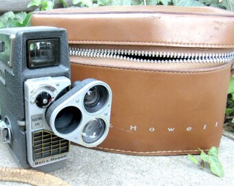 1950s Vintage Bell & Howell Electric Eye 8mm Film Movie Camera | Original Brown Leather Case and Strap | Three Lenses | Accessories | Prop