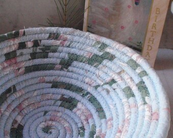 Light Blue, Pink and Green Coiled Fabric Basket - Catchall for Your Keys, Change, Handmade by Me