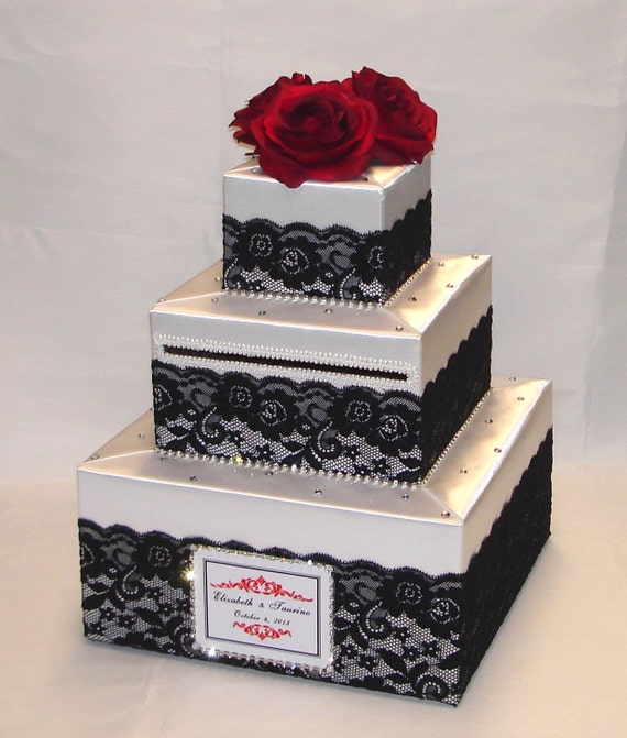 White Wedding Card Box-Black lace design-Red Roses-rhinestone