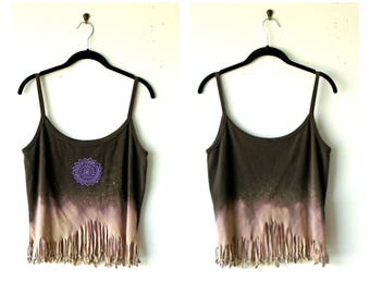 M-L~ Mandala Moon Rise Distressed & Fringed Tank Top / Tunic ~ gypsy clothing lagenlook handmade upcycled boho chic hippie wearable art