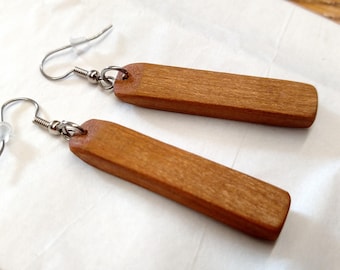Wood Earrings, Natural Tan Wooden Earrings, Simple Long Dangle Earring, Surgical Steel Hooks