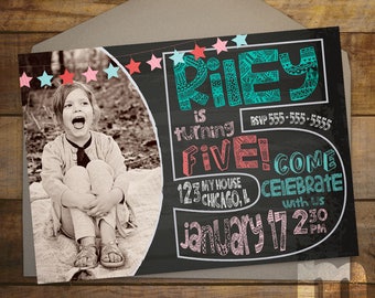 Chalkboard Kids Birthday Invitation, Chalkboard Digital Printable Invitation, Digital Birthday Card, Kids Birthday Cards, 5th Bday Party