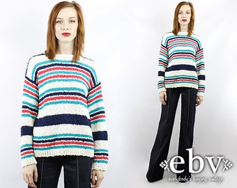 Vintage 80s Nubby Knit Striped Oversized Sweater Oversized Knit Oversized Pullover Oversized Jumper Striped Sweater White Sweater
