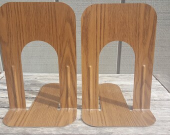 Metal Faux Walnut Wood Grain Bookends // mid century industrial office // cork bottom // 9 inches tall