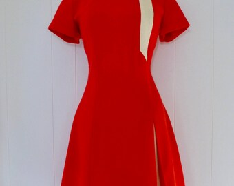 60's Futuristic Space Mod Dress Candy Apple Red White Color Block Kick Pleat M L
