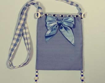 4 x 5 Mini Necklace Purse French Denim Blue with Bow Party Makeup Dress Up Cosmetics Neck Bag Dance Small OOAK Fabric Amulet Size Pouch Gift