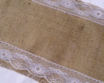 1.5m Hessian Table Runner with Vintage Style White Lace