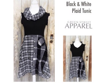 B&W Plaid Tunic| Boho Dress|Shabby Chic| Boho Tunic| Plaid Tunic| Plaid Dress| Mori Girl|Black and White Dress|Prairie Tunic|