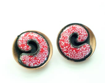 Matisse Earrings, Vintage MATISSE RENOIR Enamel Copper Clip Earrings, Red White Enamel, Matisse Renoir Jewelry, Modernist Copper Earrings