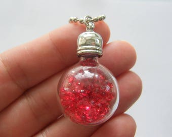 1 Red stones round glass bottle pendant silver tone NB10