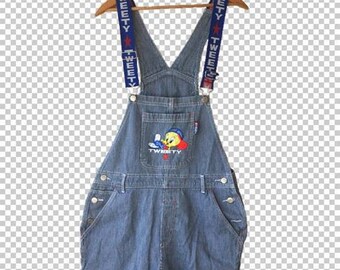 90s Tweety Bird Conductor Pinstripe Spellout Straps Embroidered Overalls // Medium 1990s Looney Tunes Ribbon Overalls Baseball Hip Hop
