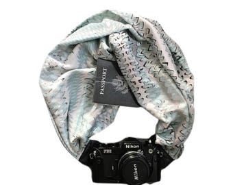 Blue Waves Camera Strap with Lens Pocket - The Original Camera Scarf Strap With Hidden Pocket