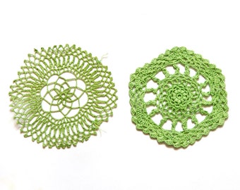 2 Bright green hand dyed Crochet Doilies Vintage doilies