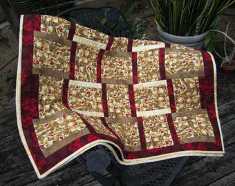 Quilted Lap Throw "Tan Orchids" 48.5 x 35" Wheelchair Quilt, Quiltsy Handmade, Quilted Blanket, Beige and Brown Floral Quilt