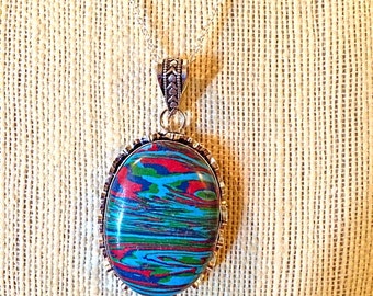 Fancy Unique OVAL Rainbow Calsilica Pendant Necklace - Sterling silver - Agate Necklace - 18" Sterling Chain - 925 Rainbow Calsilica Pendant