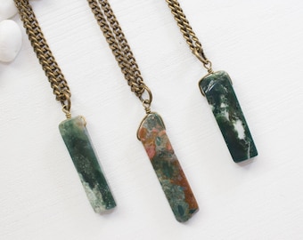 Rectangle Stone Necklace, Agate Necklace, Green Gemstone Necklace, Green Stone Necklace, Gemstone Jewelry, Long Necklace, Layering Necklace
