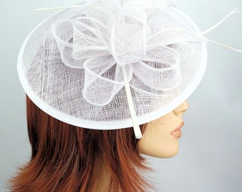 Elegant White Colour Sinamay Circular Saucer Shaped Hair Fascinator Hatinator Headband