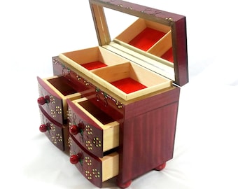 Wooden jewelry box, mini commode, mini commode with mirror, mini commode with drawers, handcarved useful casket,