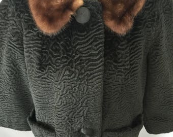 Black Textured Faux Fur Cropped Coat with Fur Collar