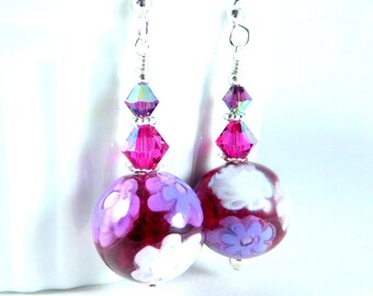 Murano Dangle Earrings, Fuchsia Pink Purple White Floral Earrings, Venetian Glass Dangle Earrings, Hot Pink Drop Earrings, Murano Jewelry