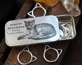 Snag Free Silver Cat Stitch Markers with Tin, Meow Markers Stitch Markers, Gifts for Knitters, Knitting Stitch Markers, Knitting Tools, Cat