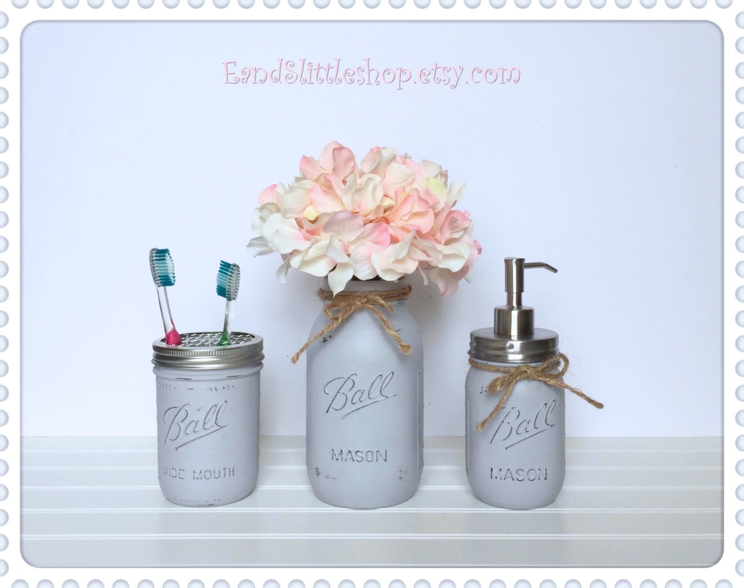 Gray Mason Jar Bathroom Set of 3RustProof Soap Pump