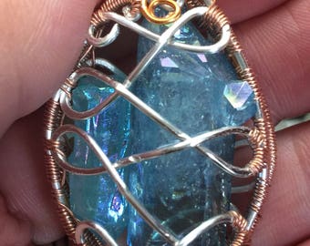 Aqua Aura Quartz Crystal encased in beautiful copper and silver frame