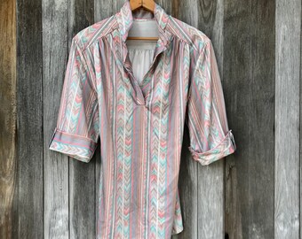 80s Ikat Print Blouse, Oversized Tribal, Geometric, LargeFree Domestic Shipping