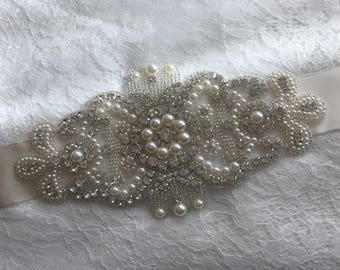 Wedding Dress Sash, Crystal Rhinestone Belt, Beaded Sash, Bridal Sash, Custom Wedding Sash, Skirt Sash, Floral Sash, Ivory Sash