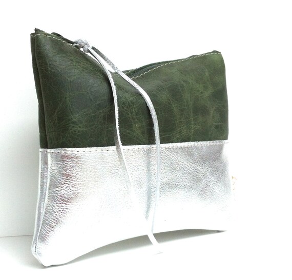 Leather case, cosmetic bag, green leather, leather silver, simple cosmetic bag