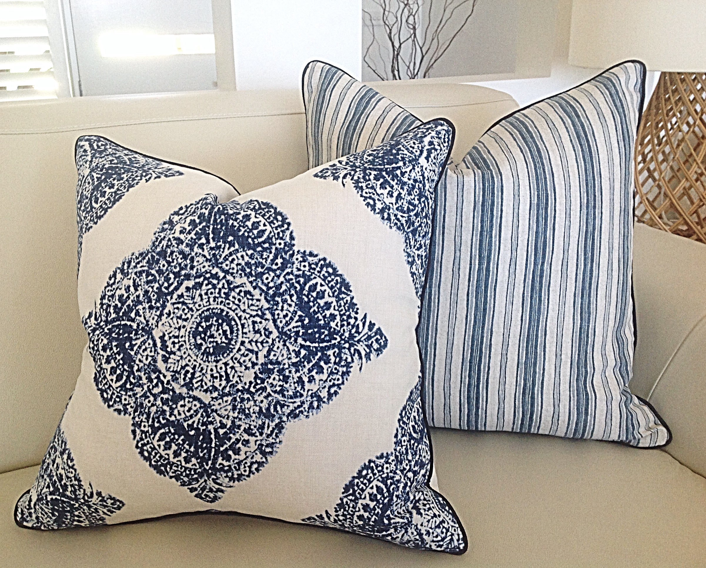 Blue and White Hampton's Cushion Covers Striped